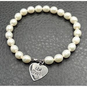 "I Am Loved" Sterling Silver Charm White Pearl Beaded Bracelet 925